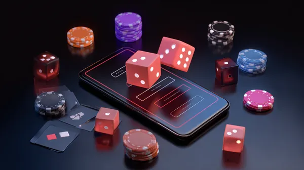 A woman smiling while playing online games on her laptop, surrounded by neon casino elements, showcasing 456BDT’s diverse game collection.